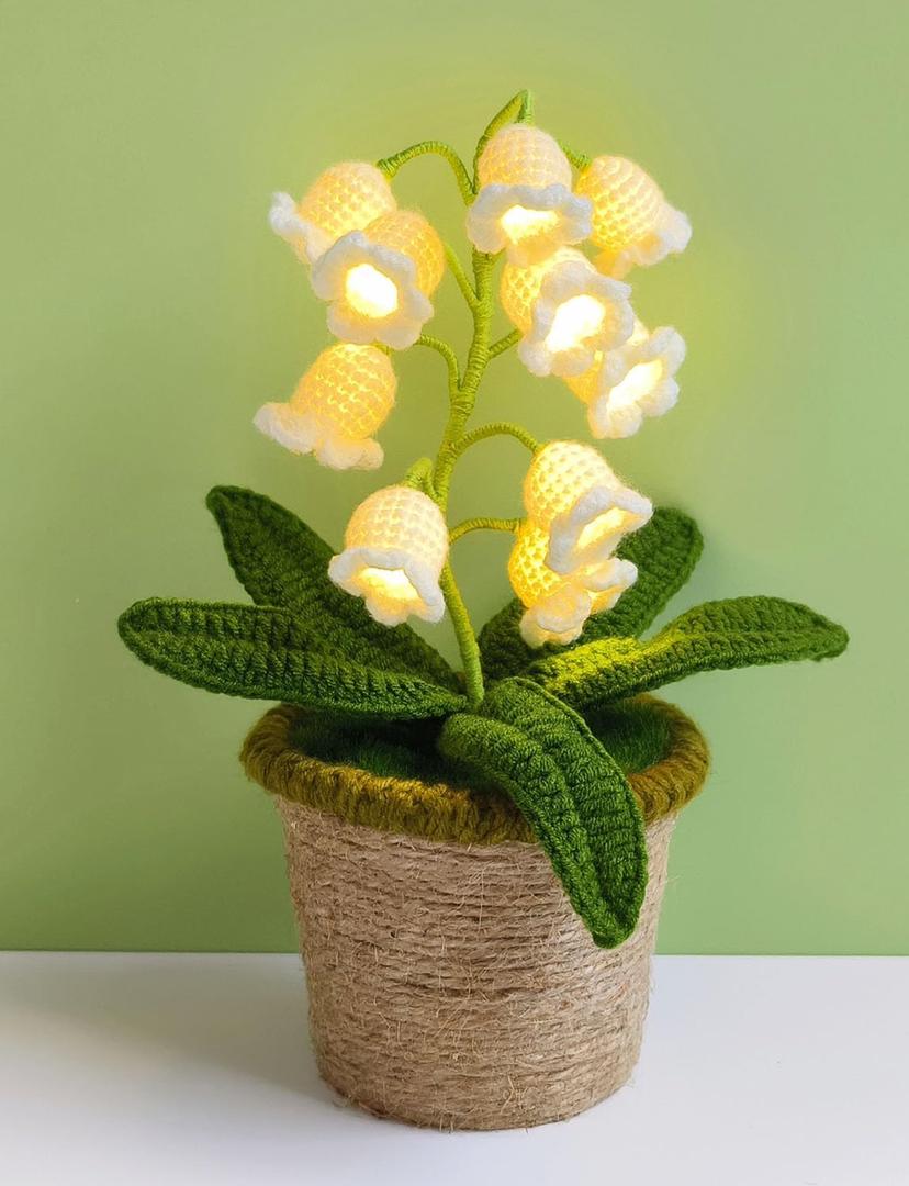 Lily of The Valley Lamp, Crochet Artificial Flower with 10 Little Night Lights, Cute Gifts for Women Wife Girlfriend Birthday Christmas Valentine Mother's Day -Large