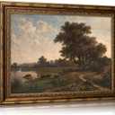 Vintage Gold Framed Landscape Wll ArtRetro Rustic Countryside Wall Decor Classic Rural River Scene Painting Picture Ldyllic Pastoral Scenic Nature Canvas Artwork for Living Room Bedroom Home Decor, 24"L x 16"W