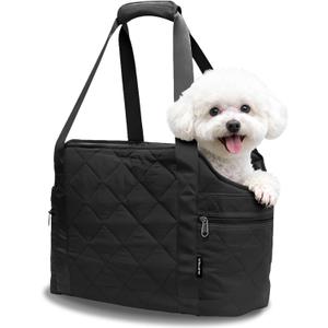 Lightweight Dog Purse Carrier for Small Dogs up to 15 lbs, Dog Tote Bag Puppy Carrier, Soft Plush Interior, Safety Leash Clip, 4 Side Pockets Dog Carrier Bag for Travel & Walking, Black