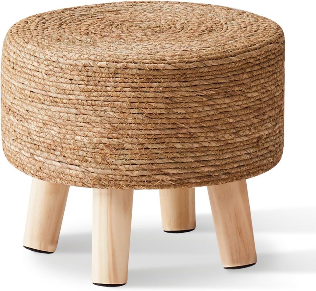 Foot Stool Natural Seagrass Hand Weave Poufs Round Ottoman for Couch Desk Soft Step Stool Padded Foot Rest with Non-Skid Pine Legs for Hallway Office Lounge Natural