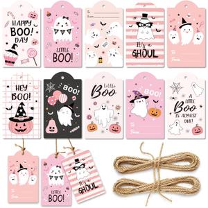 60Pcs Halloween Thank You Tags, Pink Black Ghost Pumpkin Pattern Thank You Favor Tags, Kraft Paper Gift Tags with 10 Cute Designs (6pcs/Design) for Gifts, Baby Shower,DIY Crafts,Jar Tags,Message Cards