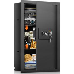 25.6" Tall Fireproof Wall Safes Between the Studs 16" Centers, Hidden Wall Safe with 2 Removable Shelf & Hidden Tray, Heavy Duty Wall Mount Safe for Firearms, Money, Jewelry, Passport Black