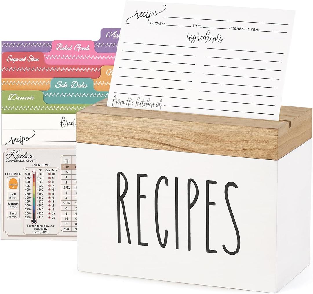 Dahey Wooden Recipe Box White Recipe Organizer with 100 Recipe Cards and 6 Dividers, Recipe Card Holder Box Set with Lid and Slots to Write in Your Own Recipes for Cooking Lover Kitchen, 6.9''x3.5''