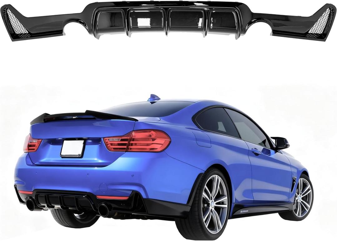 Rear Diffuser Compatible with 2014-2020 BMW 4 Series F32 F33 F36 M-Performance Style Rear Bumper Lower Lip Diffuser Double Exhaust One Outlet (Gloss Black)