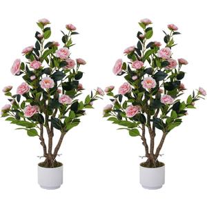 2 Pack Artificial Camellia Tree with White Pot, 38" Faux Potted Plants for Indoor Outdoor Decor, Tall Silk Greenery Plant for Home Offce Living Room Balcony, Pink