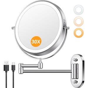 Auxmir 1X/30X Wall Mounted Lighted Makeup Mirror, 8" Rechargeable Double-Sided Magnifying Mirror with Light, Touch Dimmable 3 Color Light, 360° Rotation Foldable Extended Arm, Chrome