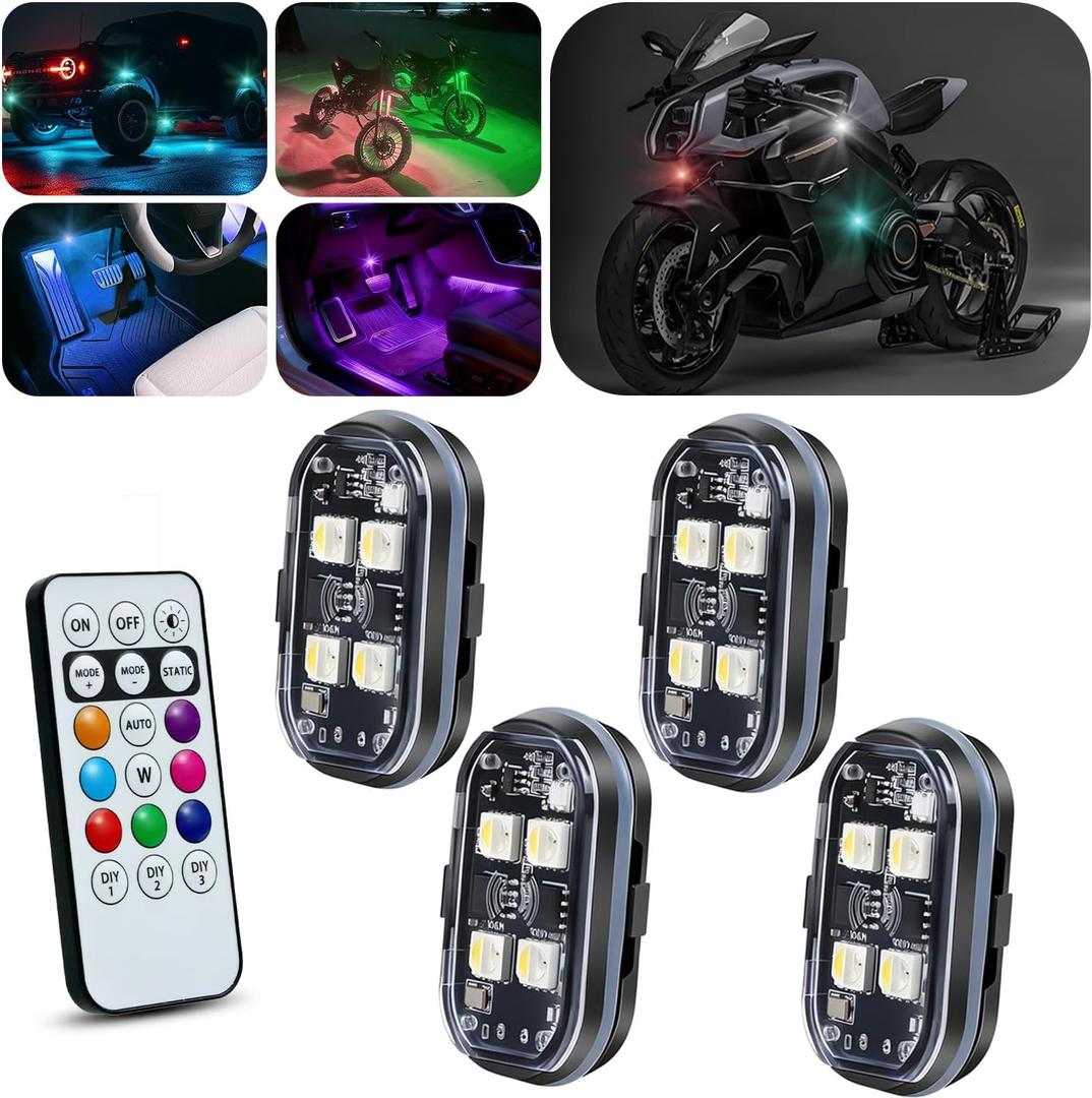 Upgraded 4PCS Wireless LED Strobe Lights for Car, 8 Colors Interior Car Lights with Remote Control, USB-C charging Warning Light for Car Motorcycle Drone Bike Decor
