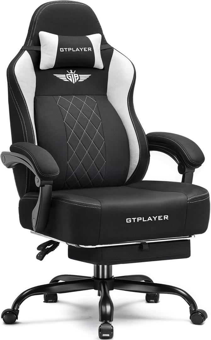 GTPLAYER Big and Tall Gaming Chair Breathable Fabric Computer Chair with Strong Lumbar Support, Comfortable Office Chairs with Pocket Spring Cushion, High Back Ergonomic Desk Chairs with Footrest (Black White)