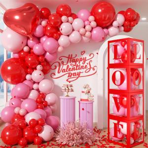Valentine's Day Balloon Arch Kit - 4Pcs Red Boxes with "LOVE" Letter Red Heart Foil Balloons and Latex Balloons Garland Kit for Valentines Day Galentines Girl Anniversary Party Decorations