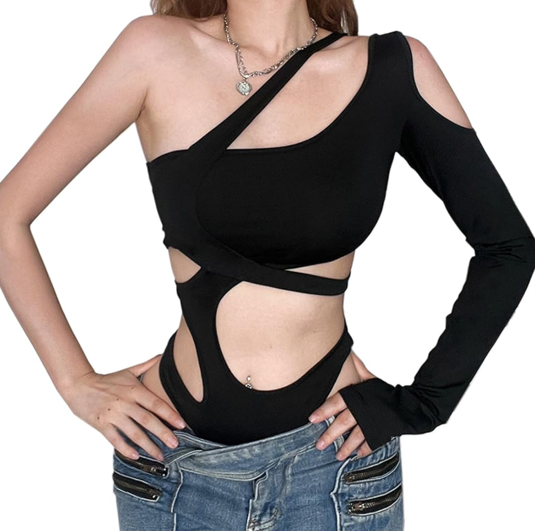 SINROYEE Sexy Hollow Out Women Bodysuit Summer Streetwear Outfit Gothic Jumpsuit T Shirt Short Sleeve Sleeveless (Size:L)