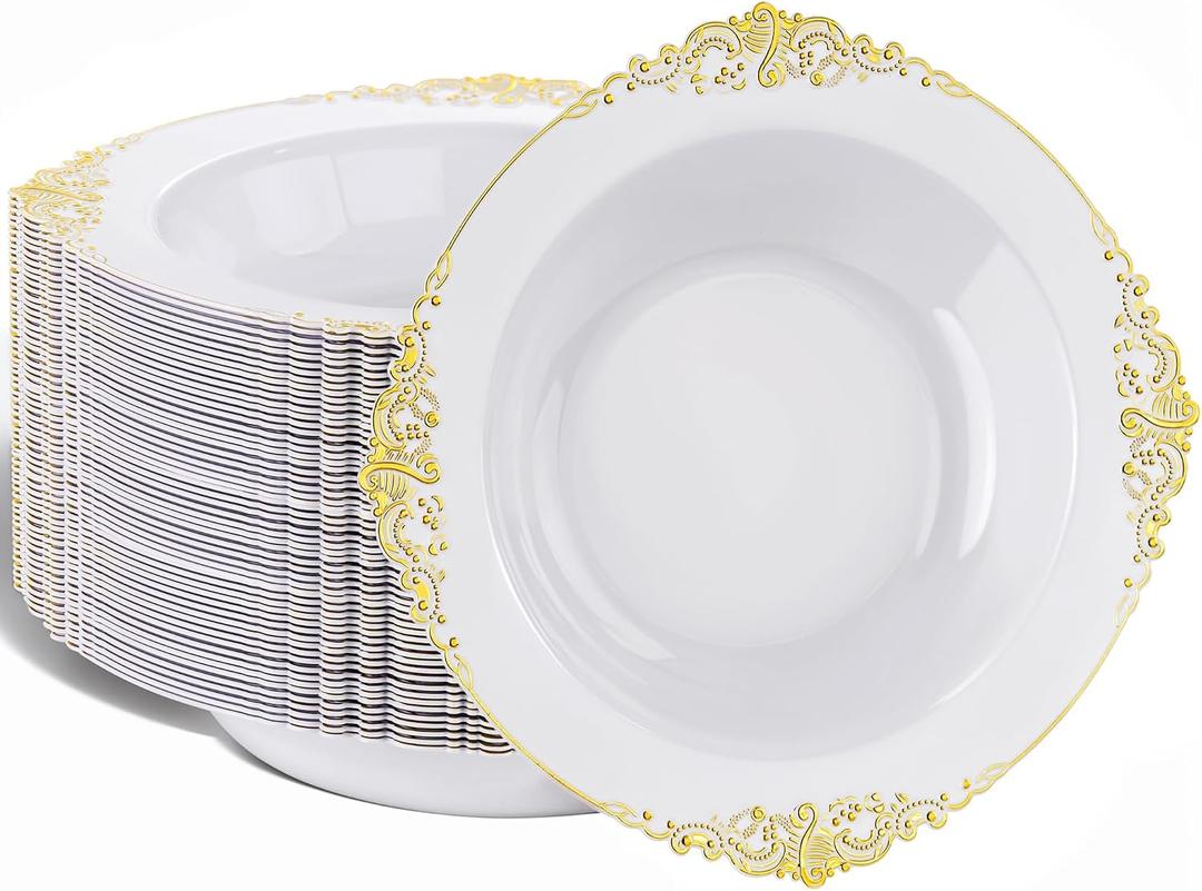 Nervure 50 Pack White Plastic Bowls with Gold Rim - 12oz Disposable Soup Bowls - Heavy Duty Dessert Bowl, Salad Bowl Perfect for Weddings, Parties, Mothers Day
