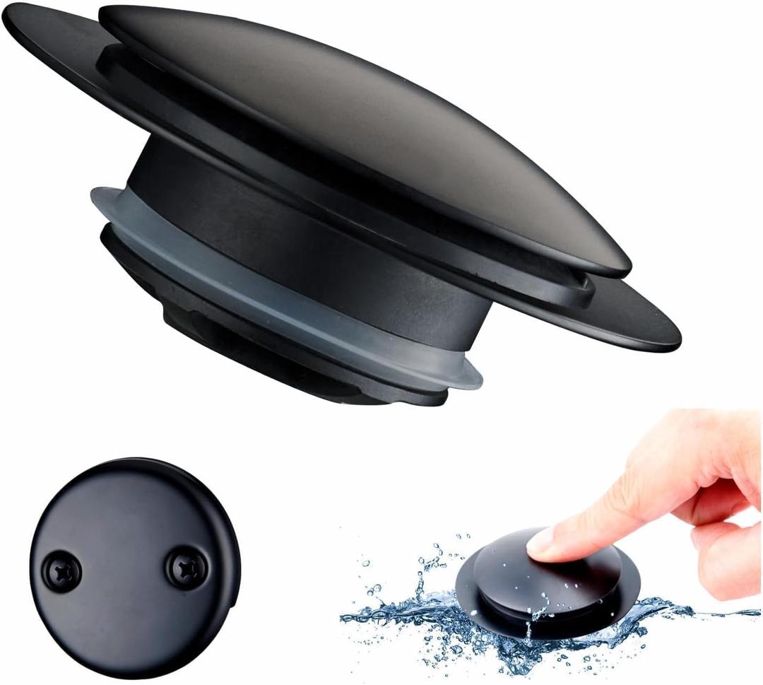 Black Tub Drain Stopper,Welsan Universal Pop Up Bathtub Stopper Replacement Tip Toe, Lift and Turn with 2-Hole Overflow Face Plate Cover and EZ Bath Tub Plug Stopper (Matte Black)