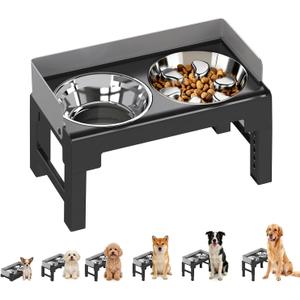 PAKEWAY Elevated Dog Bowls, Spill Proof, Tiltable Pet Feeder with 1 Stainless Steel Bowl &1 Stainless Steel Slow Feeder Bowl, 6 Height Adjustable Raised Dog Bowls Stand for Medium Large Dogs (Grey)