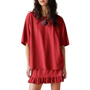 Esmeling Women Summer 2 Piece Skirt Sets Round Neck Short Sleeve Outfits Casual Tops and Pleated Skirts Sets (Medium, Red)