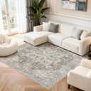 Tortania 8' Square Area Rug Living Room Rugs - Washable Boho Rug Vintage Oriental Distressed Farmhouse Large Thin Indoor Carpet for Bedroom Under Dining Table Home Office - Brown Blue