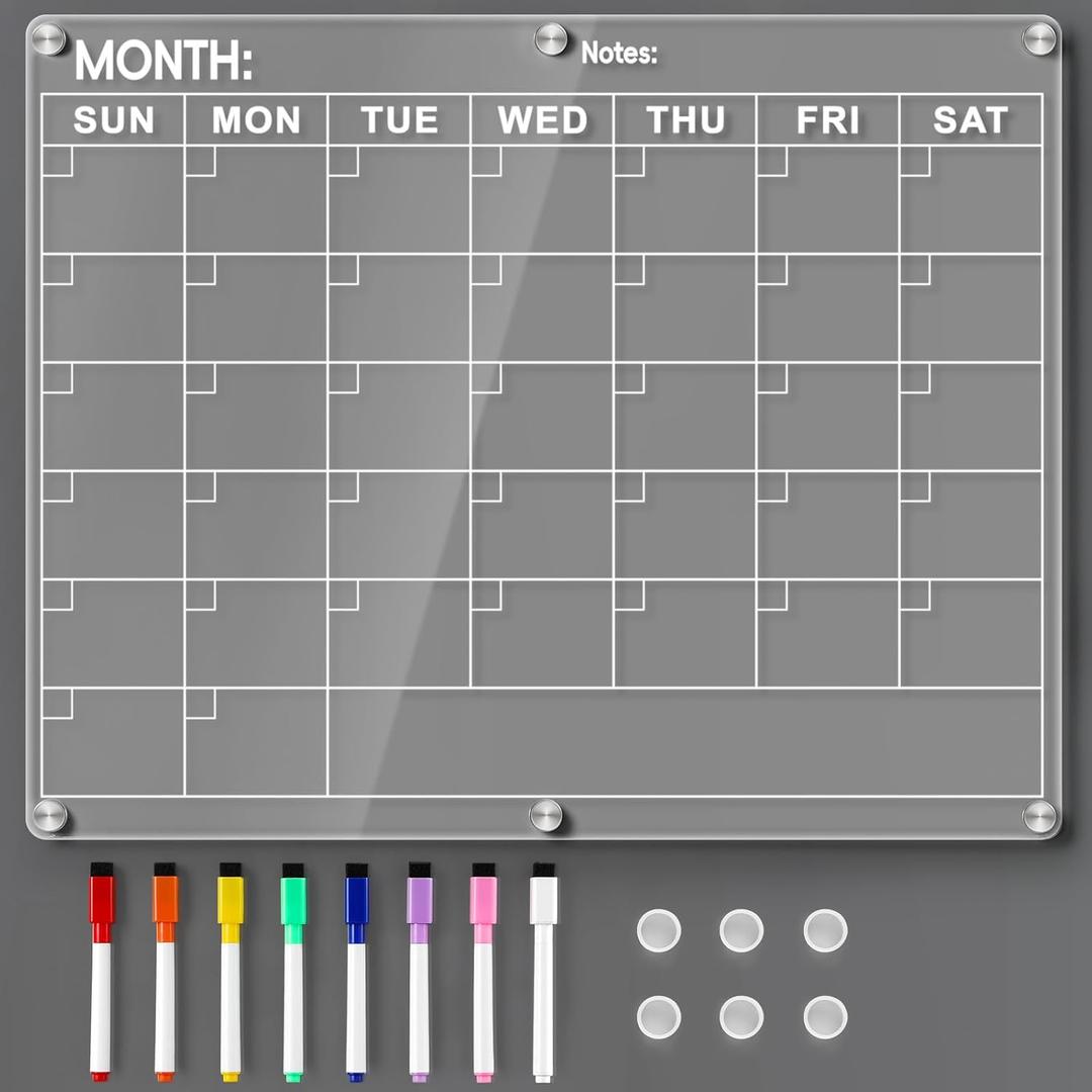 Acrylic Fridge Calendar, Magnetic Monthly Planner with 8 Color Markers, Clear Dry Erase Board for Events/Meetings/Shopping Lists - 14.5 * 11.5''