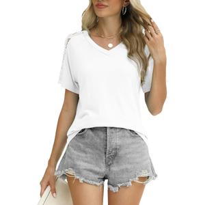 Womens Shirts Spring Summer Plus Size Blouses for Women Tops V Neck Lace Short Sleeve Tees (Large, White)