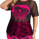Women's Plus Size 3 Piece Swimsuits Tropical Tankini Shorts Set High Waisted Bathing Suit with Sheer T-Shirt Cover Up (X-Large Plus)