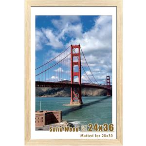 LUCKYLIFE 24x36 Frame Natural Wood, Display 20x30 with Mat or 16x24 Without Mat, Wall Hanging Poster Frames with Plexiglass Sheets, 1 Pack, Natural