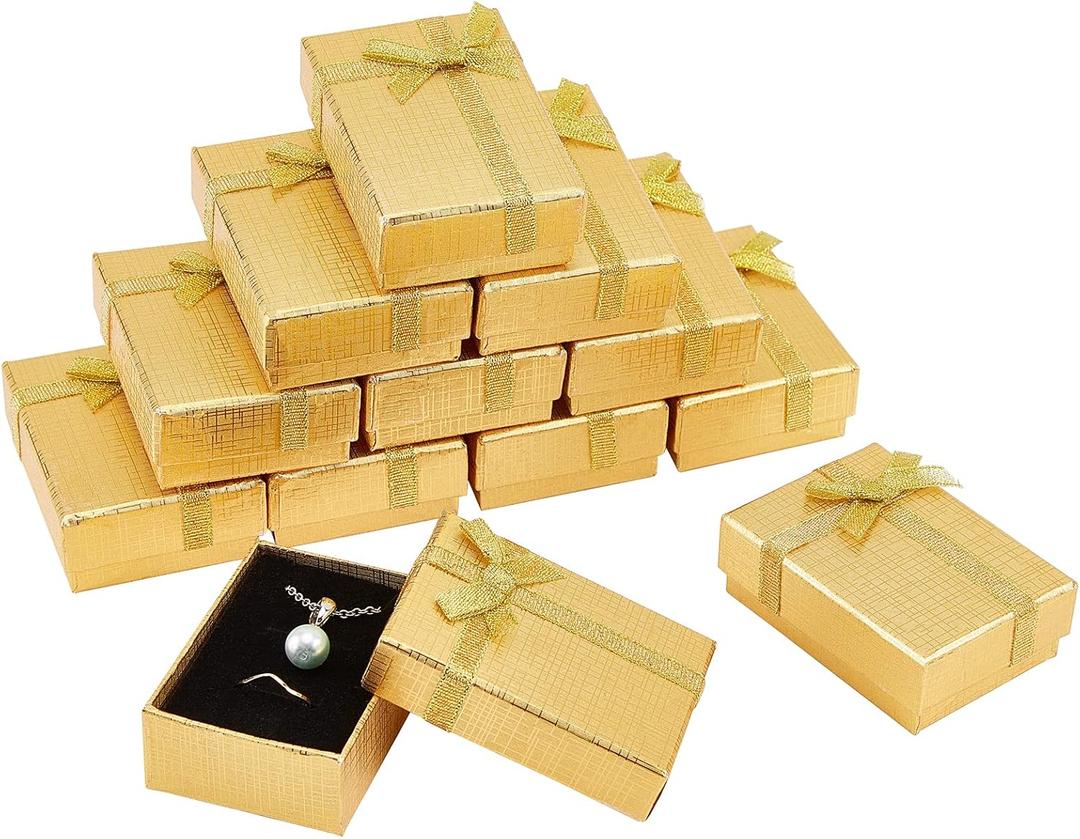 PH PandaHall Cardboard Gifts Box Set, 12pcs 2.7 x 1.9 x 0.9 Inch Golden Jewelry Gift Box Display Boxes Empty Gift Box with Bowknot for Earring Necklaces Bracelet Jewelry Packaging Box