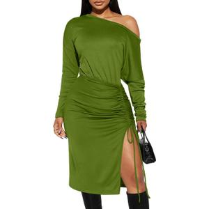 GOKATOSAU Women's One Off Shoulder Long Sleeve Split Adjustable Drawstring Ruched Midi Dress Green (Green, XL)