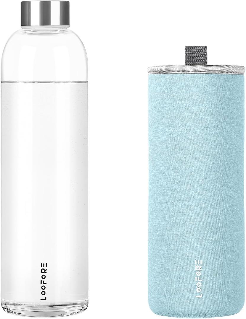 Glass Water Bottles 32 oz, LOOFORE 1 liter Glass Drinking Bottles with Lids, Large Reusable Borosilicate Glass Water Bottle for School Home Office Travel Sport Yoga Gym, 1 Pack (Light Blue, 32 Ounces)