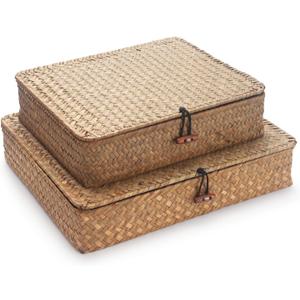 Seagrass Storage Basket Box with Lid Rectangular Woven Shelf Baskets Bins for Organize Snack Toys Set of 2 Natural Decorative, (Large+Small)