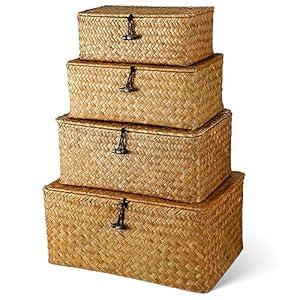 Set of 4 Seagrass Basket with Lids Rattan Wicker Storage Basket Handwoven Decorative Storage Boxes with Lids Multipurpose Woven Basket Bins for Shelf Closet (Orange)
