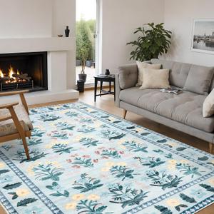 5x7 Rug for Living Room Non Slip, Washable Light Blue Rugs for Bedroom Girls, Soft Low-Pile Boho Nursery Rug Indoor Floral Print Throw Carpet for Bedside (Blue, 5' x 7')