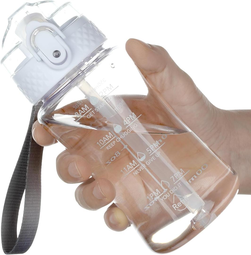 OLDLEY 12oz Kids Motivational Water Bottle, Silicone Straw, Leak-Proof Tritan BPA-Free, Reusable for School Girls & Boys, Clear