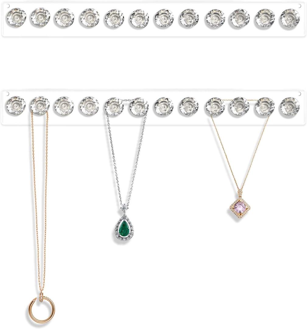Mymazn 2 Pack Acrylic Necklaces Holder Hanging Jewelry Organizer Wall Mounted Necklace Hangers with 12 Hooks, Clear Jewelry Hangers for Necklace Organizer for Girls Women, Necklace Hooks for Wall