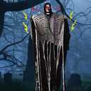 71" Life Size Halloween Outdoor Decorations with Light-Up Eyes & Sound Adjustable Arms, 6FT Halloween Decoration for Indoor Outdoor Tree Yard Lawn Decor, Scary Black Ghost Skeleton Grim Reaper