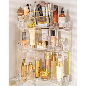NATURE'S SOURCE Makeup Organizer for Vanity, 3-Tier Corner Bathroom Organizer Countertop with Makeup Brush Holder, Corner Counter Storage for Bathroom, Dresser, Kitchen（Clear