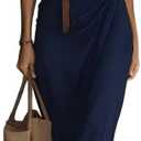 Chvity Womens Button Down Shirt Maxi Dress Lapel Long Sleeve High Slit Pleated Solid Color Flowy Fall Spring Dresses (Medium, Navy Blue)