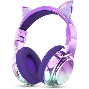 QearFun Kids Cat Ear Bluetooth Headphones, 60H Playtime, 74/85/94dB Safe Volume Limit, Metallic Gradient Wireless Headset with Mic, Fast Charging, Foldable, Wired Mode for Girls School/Tablet/Travel