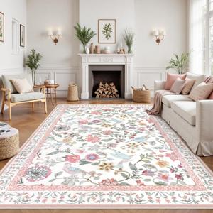 Floral Washable 8x10 Area Rug for Living Room, Soft Pink Large Girls Bedroom Rug, Non-Slip Low Pile Flower Birds Dining Room Rug, Botanical Floor Carpet for Kids Classroom Office