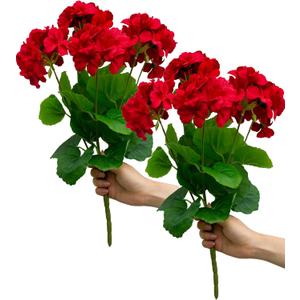 2PCS 18'' Artificial Geraniums Silk Flowers Plants Home Outdoor Decor Garden Ruby Red