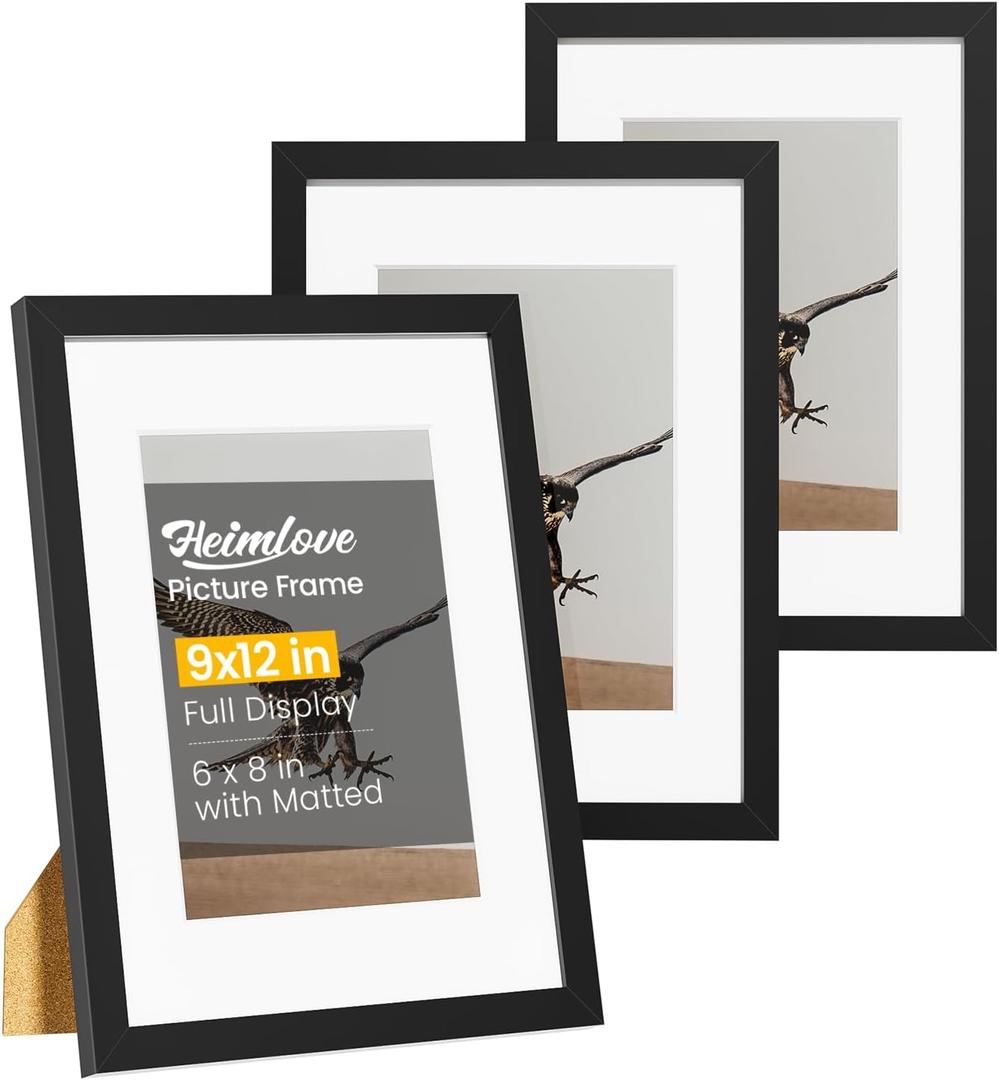Heimlove 9x12 Picture Frames Set of 3 with Mat to Display 6x8 Picture,Plastic Black Photo Frame for Poster,Diploma,Certificate and Document with Gallery Wall Frame Set
