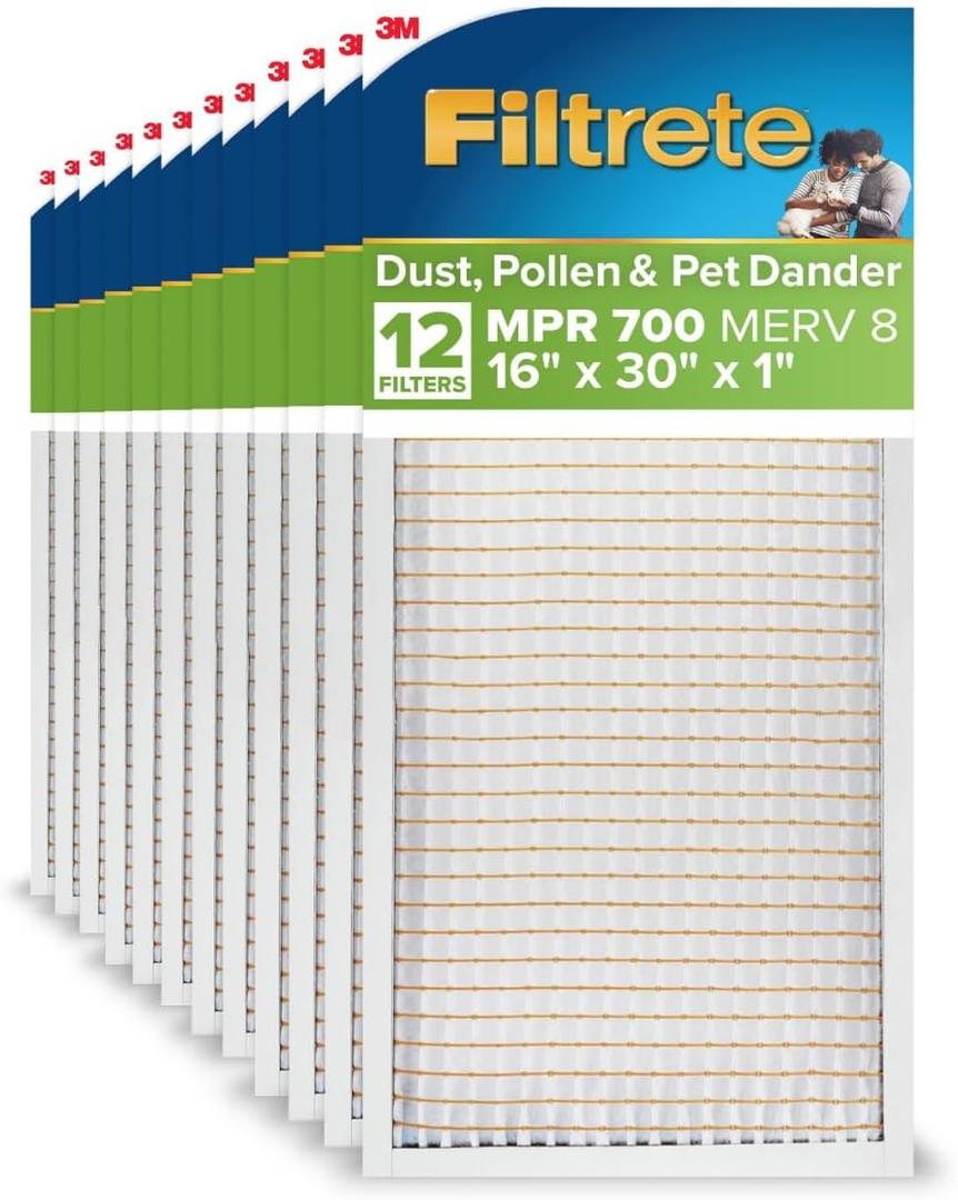 Filtrete 16x30x1 AC Furnace Air Filter, MPR 700, MERV 8, Tough on Pollen, Easy on Airflow, 3-Month Pleated 1-Inch Electrostatic Air Cleaning Filter, 12-Pack (Actual Size 15.81 x 29.81 x 0.81 in)