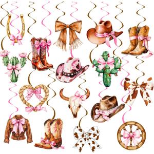 Cowgirl Coquette Bow Hanging Swirls Western Birthday Hanging Decorations 20PCS Pink Disco Rodeo Ceiling Streamers Cowgirl Boots Bachelorette Decor for Baby Shower Birthady Party Supplies