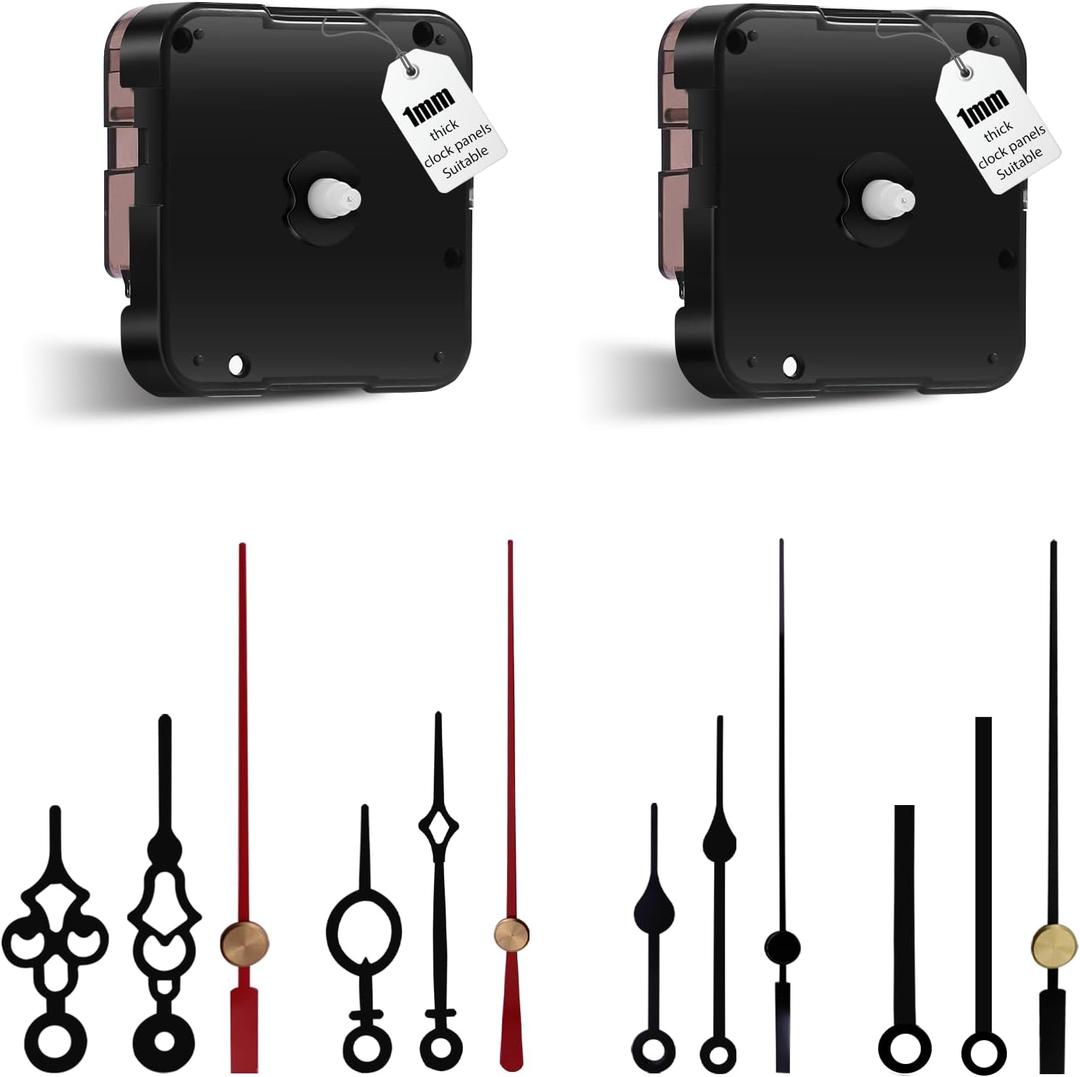 DEEWISH 12888 High Torque Silent Clock Movement - 2-Pack Snap-in Quartz Mechanism, 8mm (5/16") Non-Threaded Shaft for 1mm Panels, DIY Clock Motor Kit with 4 Sets of Hands