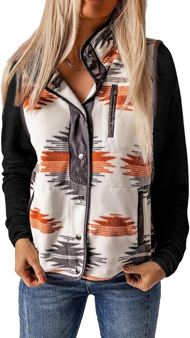 SELINK Womens Fleece Jacket Western Aztec Print Long Sleeve Snap Button Down Shacket Jackets with Pockets (Medium, Grey(only Vest))