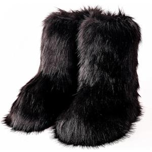 Valpeak Snow Boots for Women 2024 Furry Boots Winter Knee High Flat Heel Fluffy Faux Fur Boots (9 Wide, Black)