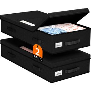 Under Bed Storage Containers with Lids - 2 Pack, Foldable and Stackable Clothes Storage Bags with Clear Window, 3-Sided Handles and Label Slot for Clothing, Blankets, Pillows (Black)