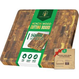 Square End Grain Acacia Wood Cutting Boards for Kitchen, 1.5 in Thick Butcher Block Construction for Stability, 14 in Square Medium Cutting Boards with Gift Box, Juice Groove and Handle
