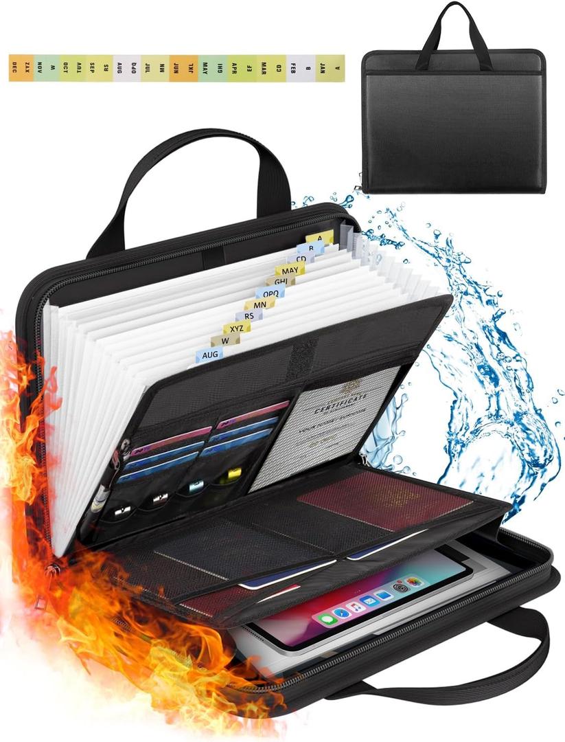 Important Document Organizer Folio Accordion File Organizer Fireproof Expanding File Folder Storage Box with Zipper Labels 13 Pockets for Business Office Receipt Travel (Black)