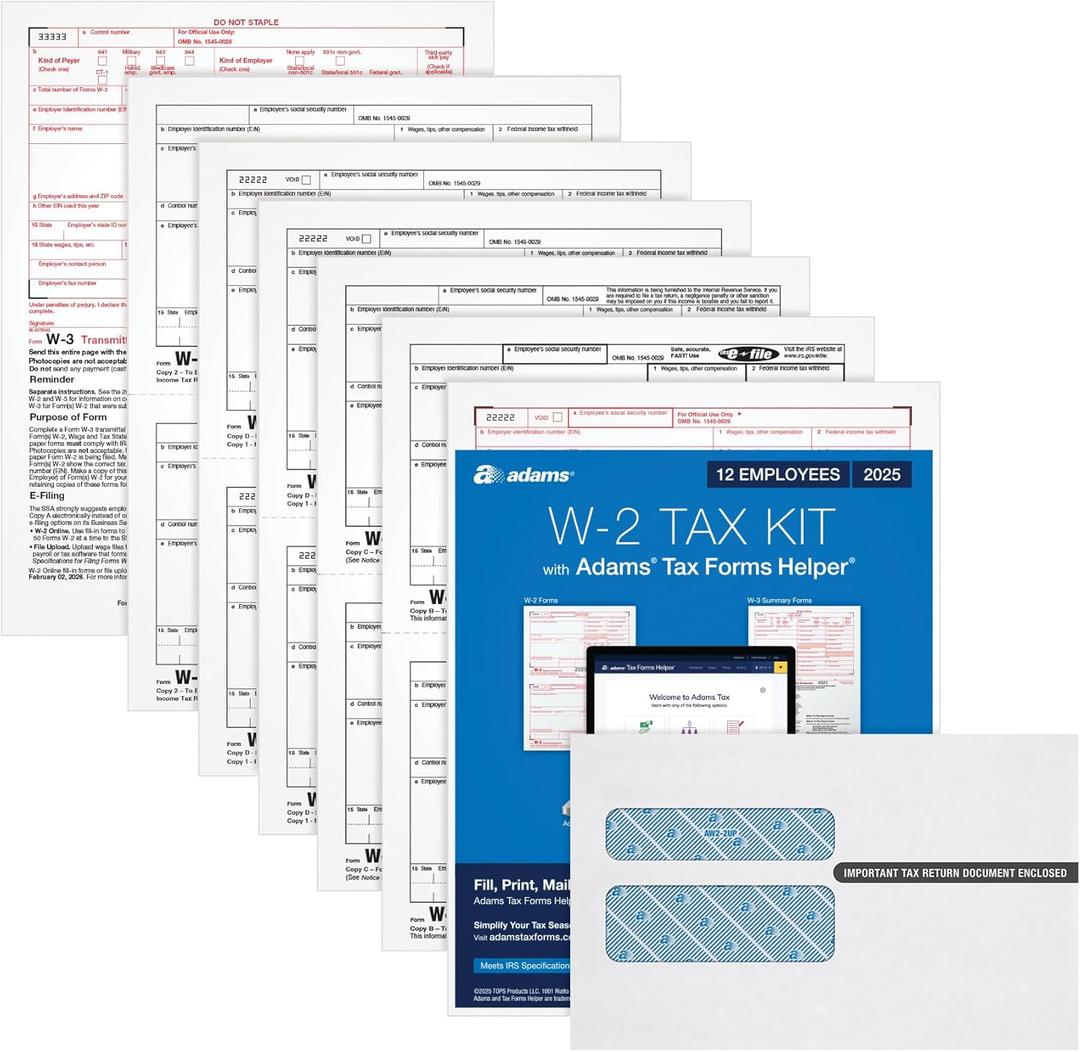 Adams W-2 Forms 2025, 6-Part Kit for 12 Recipients, Includes 12 Envelopes, 3 W-3 Forms, QuickBooks Compatible, eFile Access and Printing Through Adams Tax Forms Helper Software (1017237)