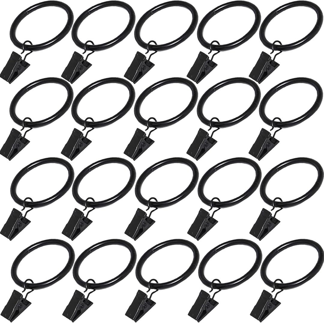 20 Pcs Curtain Rings with Clips, Window Clip Rings Curtain Hooks Hangers Clip Rings for Hanging Drapery Drapes Bows, 2 Inch Diameter Fits Diameter 1.8 in Rod, Black