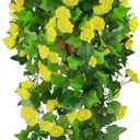 Artificial Fake Hanging Flowers Plants Basket for Spring Outdoor Outside Decoration, UV Resistant Faux Plastic Fabric Flower Morning Glory Wisteria Petunia for Garden Porch Patio Balcony Yard Decor, Yellow