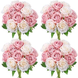 48 PCS Dusty Pink & Champagne Roses Artificial Flowers - Fake Silk Floral with Long Stems Bulk for Table Centerpieces DIY Bouquet Arrangements Wedding Party Bridal Shower Vase Decorations